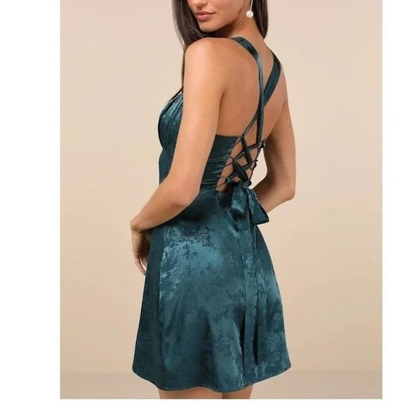 Lulus Exquisite Emerald‎ Green Floral Burnout Halter Lace Up Mini Dress Size S - Picture 8 of 9